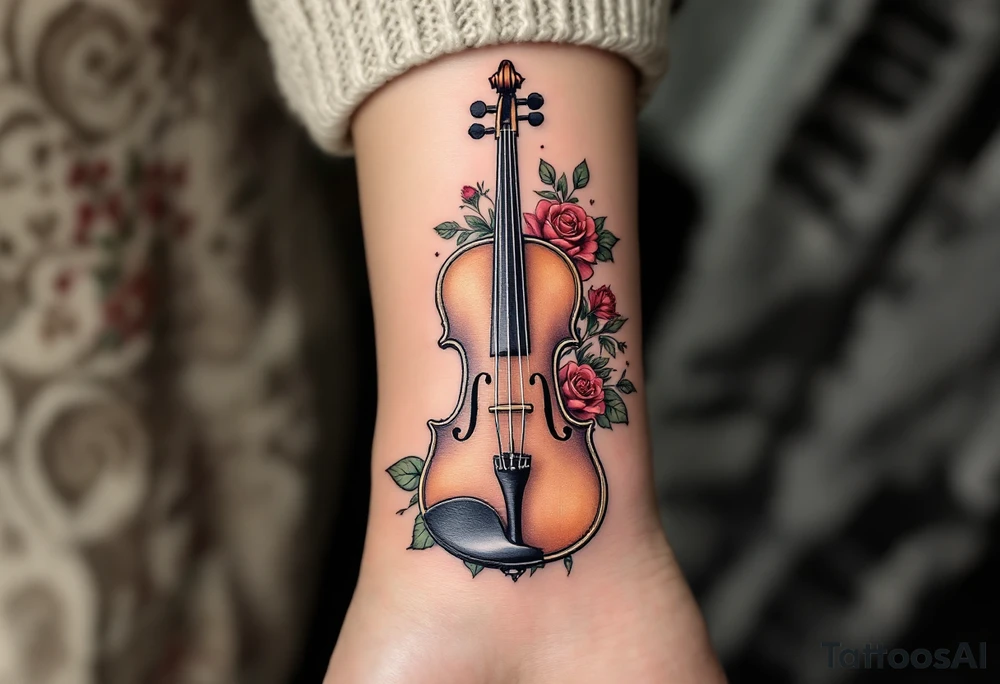 Violin and Roses – A realistic tattoo of a violin, with soft brown and amber wood tones, paired with delicate red and green roses to evoke timeless beauty and love for music. tattoo idea