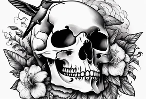 hummingbird, skull, flower, storm clouds tattoo idea