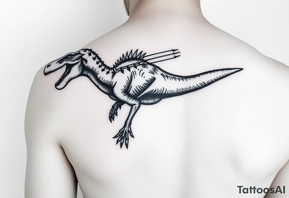 Tattoo image idea that shows a fingolfin sword and has a Brachiosaurus dinosaur incorporated with the sword. Tattoo will be placed on forearm. tattoo idea
