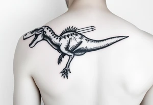Tattoo image idea that shows a fingolfin sword and has a Brachiosaurus dinosaur incorporated with the sword. Tattoo will be placed on forearm. tattoo idea