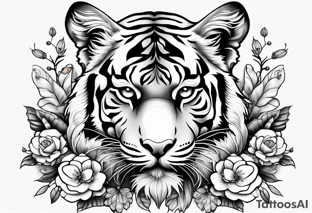 tiger, 3 butterflies, flowers for ladies thigh / hip shaded tattoo idea