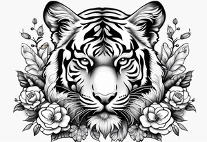 tiger, 3 butterflies, flowers for ladies thigh / hip shaded tattoo idea