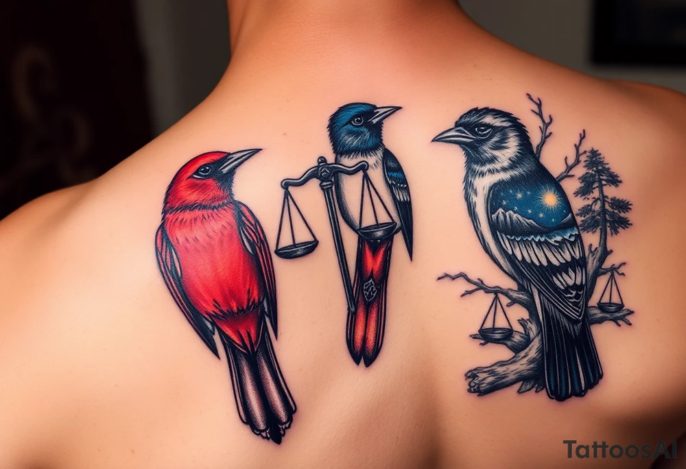 2 birds as the focus, 1 red bird in a suit, 1 navy blue bird with glasses, scales of justice in a tree, starry night painting and mountain background tattoo idea