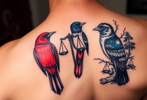 2 birds as the focus, 1 red bird in a suit, 1 navy blue bird with glasses, scales of justice in a tree, starry night painting and mountain background tattoo idea