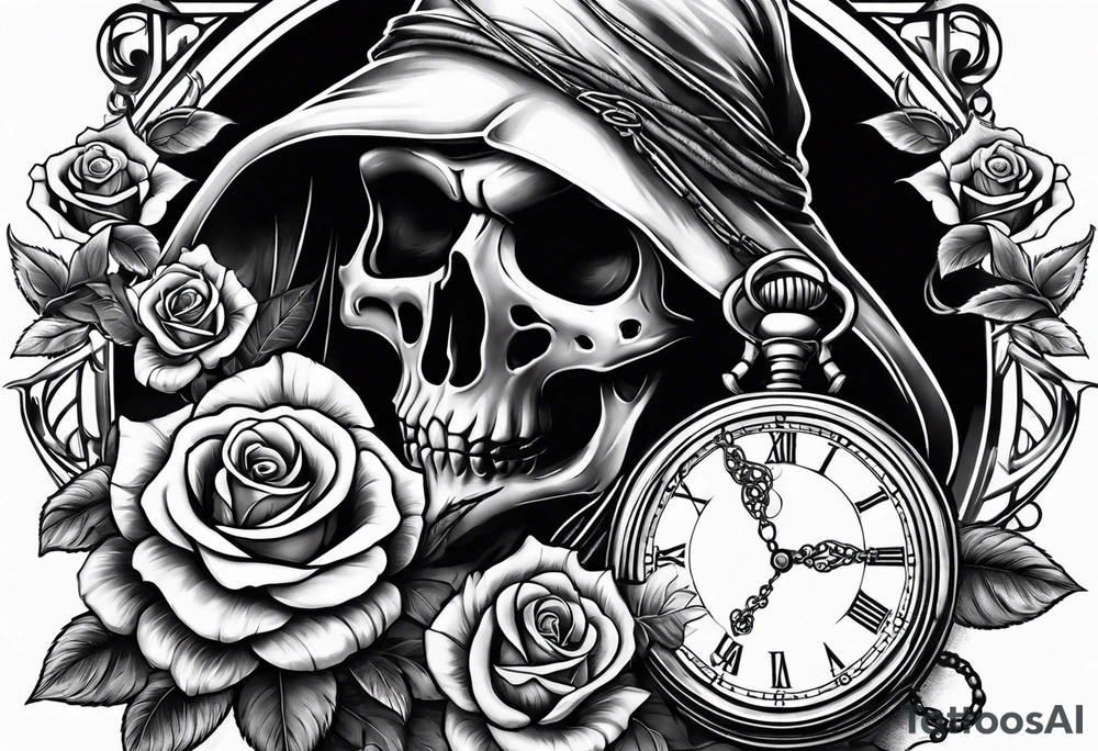 Reaper with roses and pocket watch tattoo idea