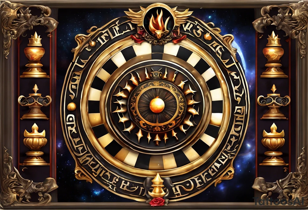 Create a visually stunning chessboard with celestial and infernal themes on opposite sides. Use radiant symbols like halos, feathers, and angelic wings for the celestial side, and incorporate flames, tails, and demonic horns for the infernal side.

Chess Pieces: Design the chess pieces as intricate representations of angels and demons. The angelic pieces could be elegant and ethereal, while the demonic pieces might have a more menacing and fierce appearance.

Details: Add small details to each square on the chessboard, such as heavenly clouds on the angelic side and swirling flames on the demonic side. This intricate detailing enhances the overall visual appeal.

Interaction: Show the chess pieces in mid-motion, suggesting a dynamic and ongoing struggle between the forces. The interaction between the pieces can convey the intensity of the eternal game. tattoo idea