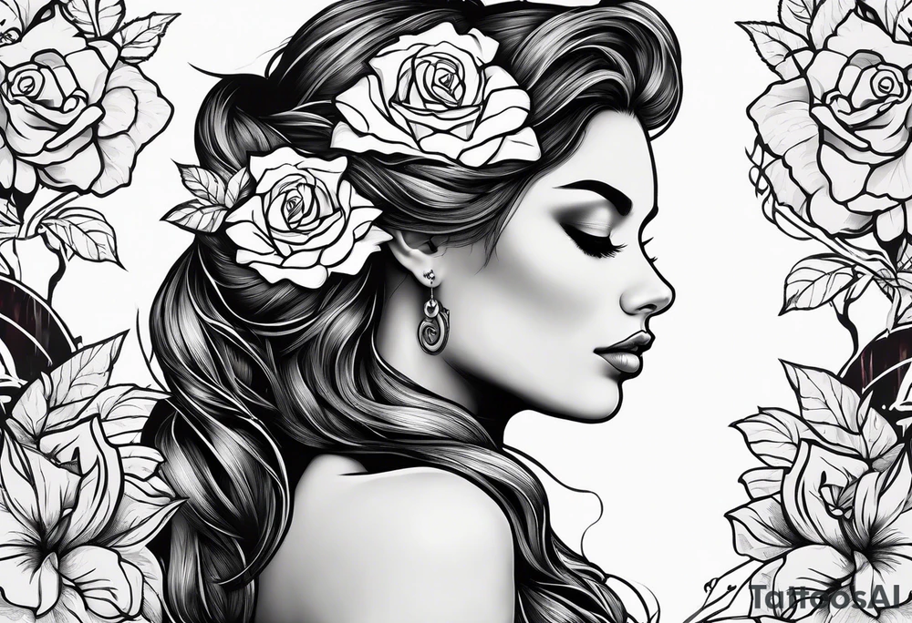 Realistic Mother Nature face side profile with roses in her hair and nature around her black and white tattoo idea