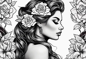 Realistic Mother Nature face side profile with roses in her hair and nature around her black and white tattoo idea