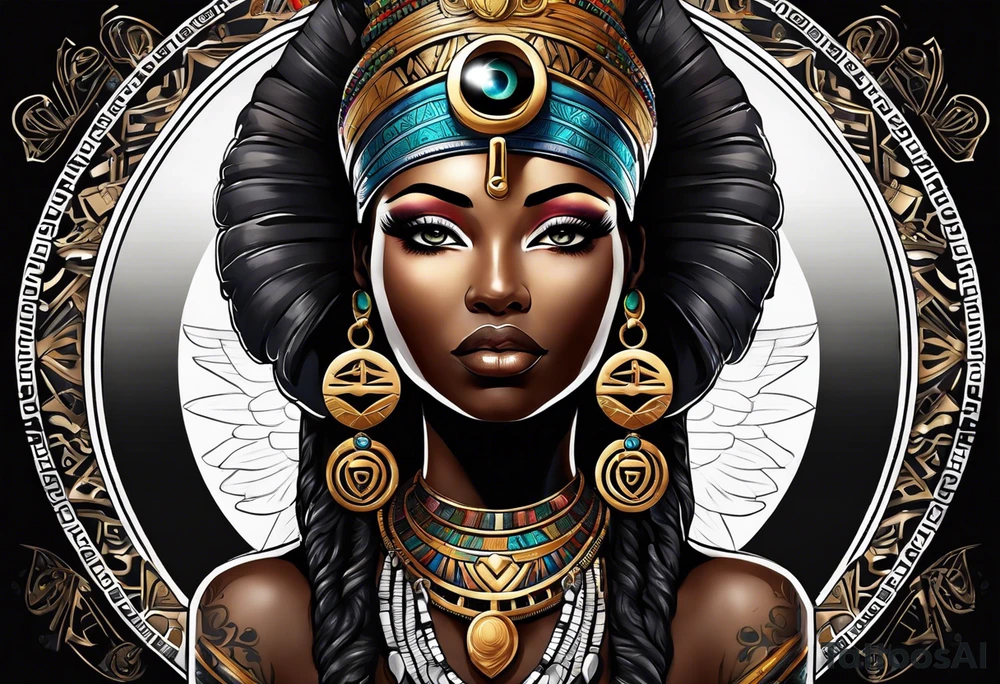 African Goddess wearing the eye of Horus and Ankh symbol tattoo idea