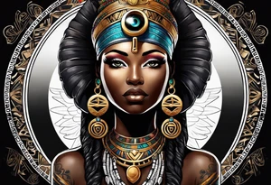 African Goddess wearing the eye of Horus and Ankh symbol tattoo idea