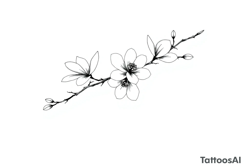Graceful long magnolia branch with closed flowers tattoo idea