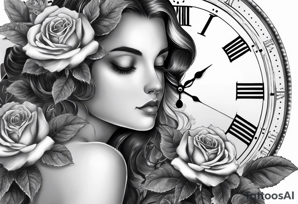 angel, roses, clock, name MARTINA tattoo idea