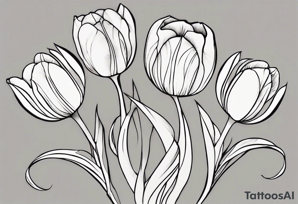Generate a compelling tattoo design featuring three tulips with intertwining stems. Emphasize the graceful entwining of the stems, creating a harmonious and visually captivating composition. Each tulip should showcase distinct characteristics, from the delicate curves of the petals to the intricate details of the stamen. Consider incorporating elements that symbolize unity, growth, and interconnectedness. Capture the essence of nature's beauty while ensuring the overall design is balanced and aesthetically pleasing. tattoo idea