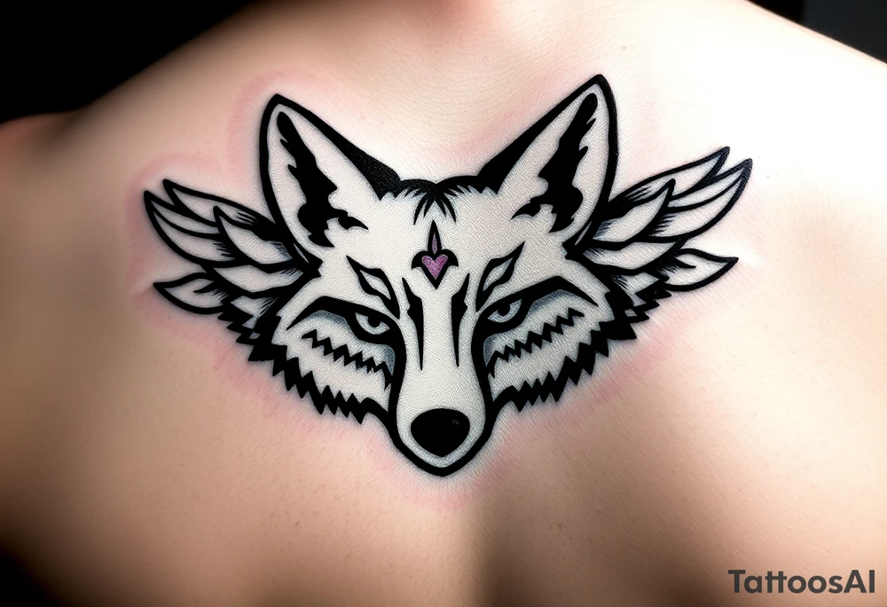 Fox racing head logo wrapped in angel wings and as one of the fox symbols ears put a thumbprint heart with a teal and purple ribbon also around the white tattoo put a lime green glow the fox head needs to be the fox racing logo tattoo idea