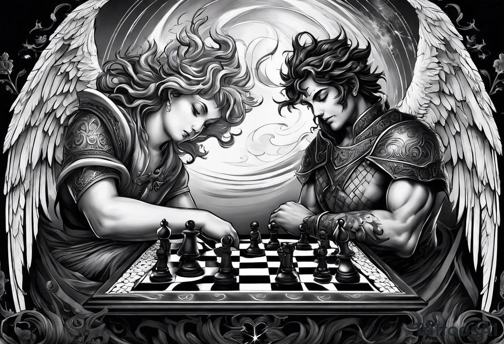 Depict an angel and demon playing chess on a board that morphs from celestial clouds to fiery inferno, representing the merging of the spiritual realms in the eternal game tattoo idea