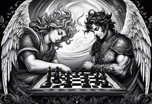 Depict an angel and demon playing chess on a board that morphs from celestial clouds to fiery inferno, representing the merging of the spiritual realms in the eternal game tattoo idea