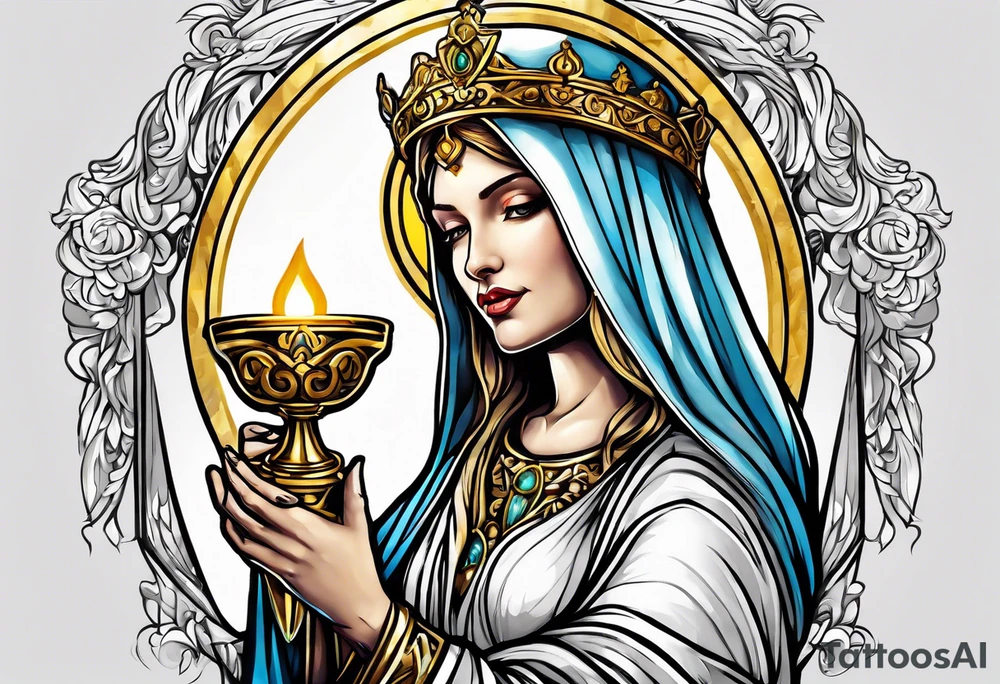 holy saint woman with golden halo holding a chalice tattoo idea