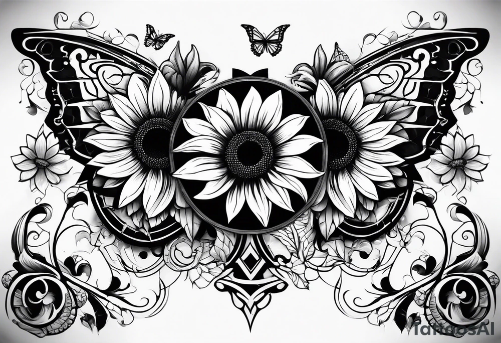 Arm sleeve with Winged cross with sunflower and butterflies tattoo idea