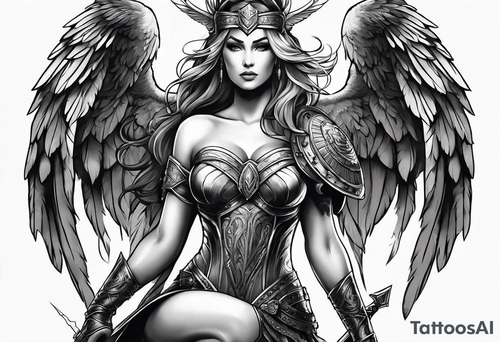 The full body of a Valkyrie with wings tattoo idea