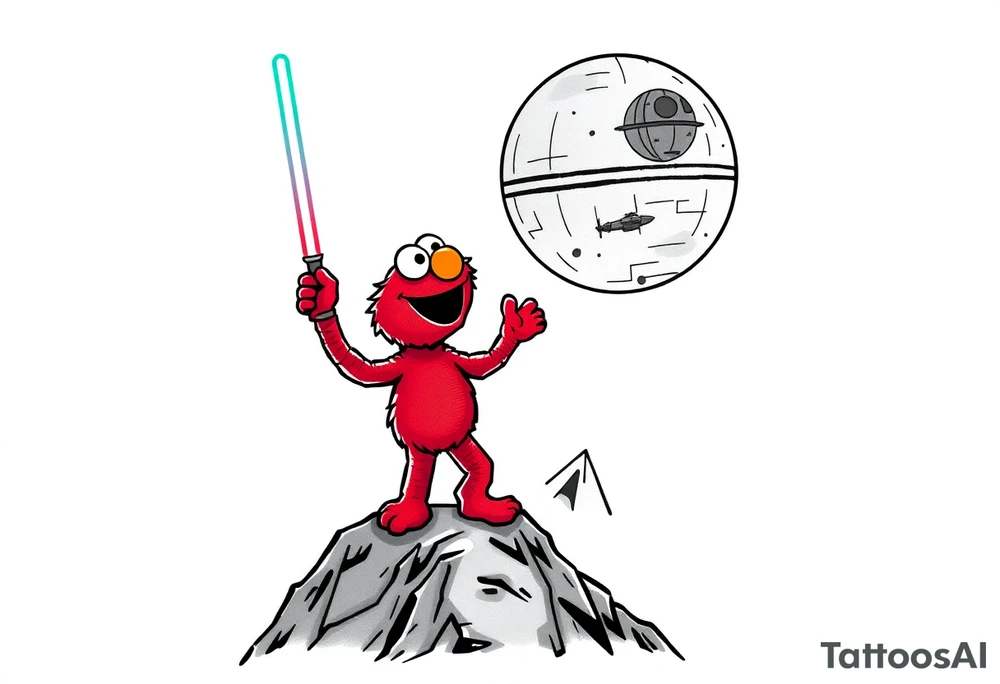 Elmo holding a lightsaber standing on a mountain looking up at the deathstar in space tattoo idea