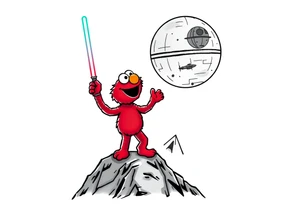 Elmo holding a lightsaber standing on a mountain looking up at the deathstar in space tattoo idea