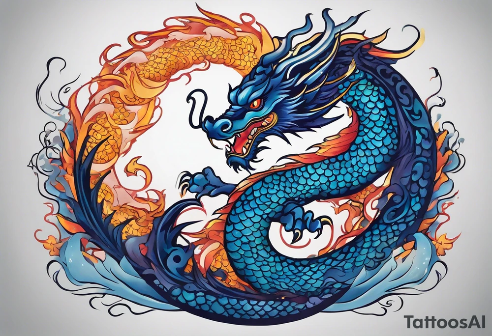 An epic floating asian dragon. Its long body coiling dynamically, with scales and horns detailed to create a sense of movement and strength. The dragon's main color is midnight blue, giving a vibrant depth and a mystical aura. This tattoo highlights the dragon’s fierce expression and sharp claws. tattoo idea