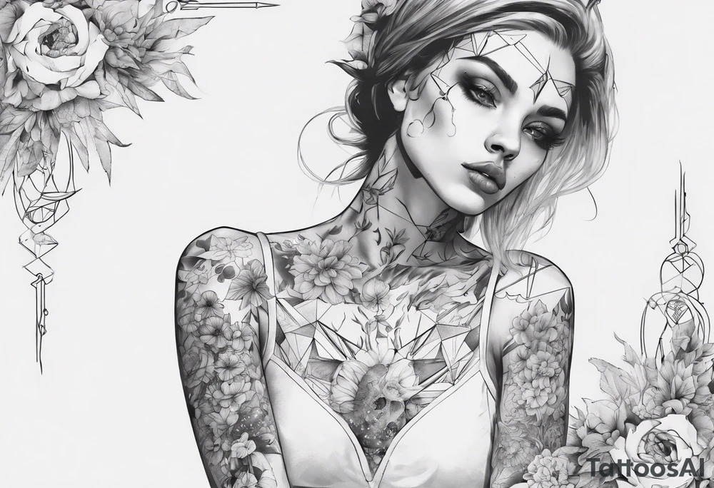 sleeve with many flowers around it and a dark elf girl tattoo idea
