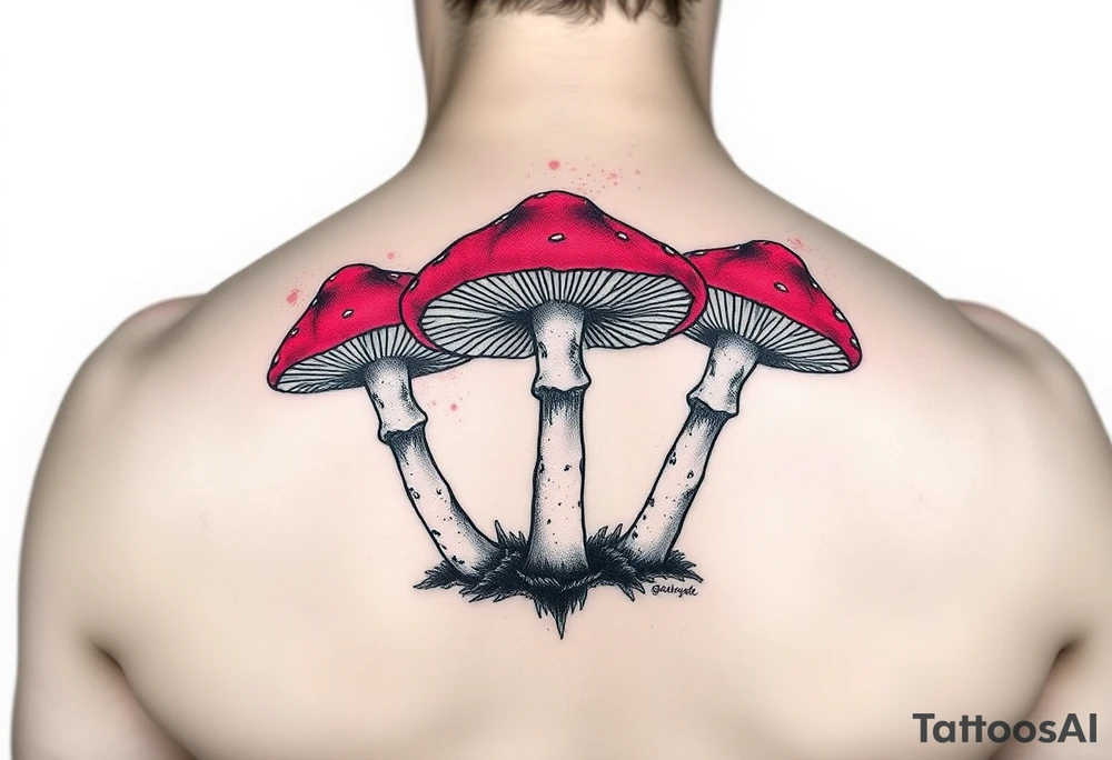 Anaglyph of 3 brightly colored psychedelic mushrooms tattoo idea