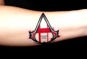 Assassins Creed emblem with England flag inside. Blood splashes incorporated into logo. tattoo idea