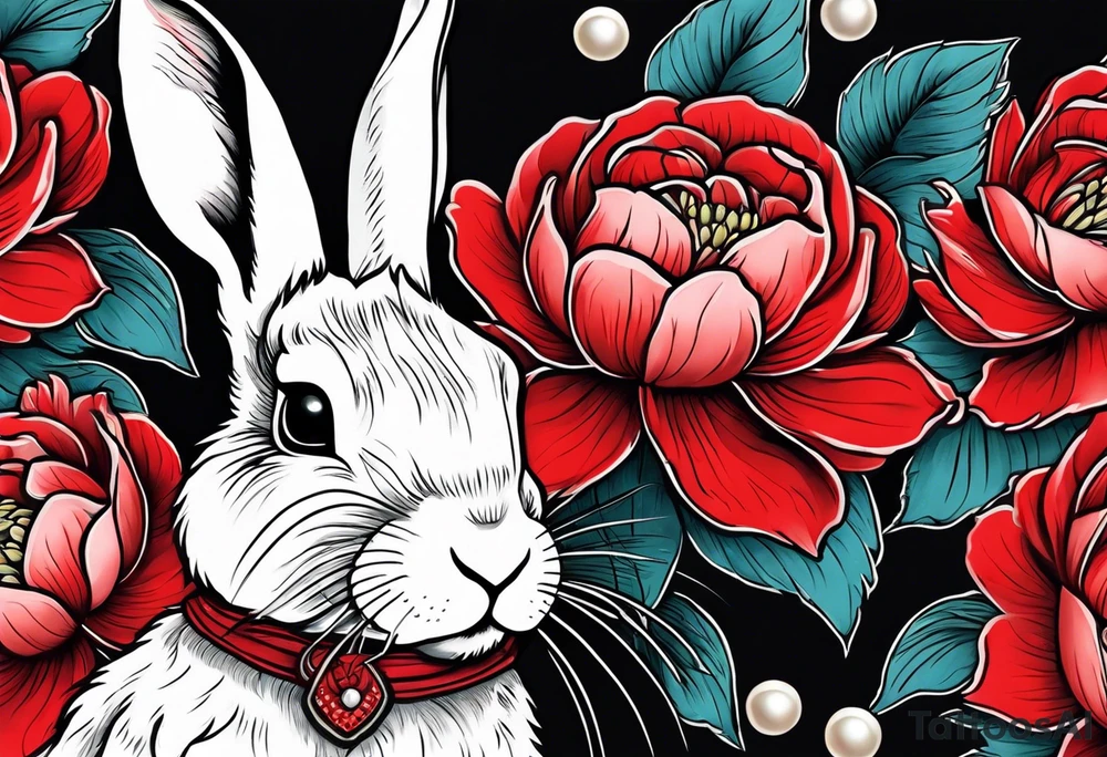 Rabbit on Red peony with dangling pearl necklace tattoo idea