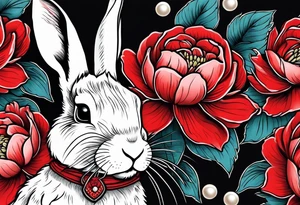 Rabbit on Red peony with dangling pearl necklace tattoo idea