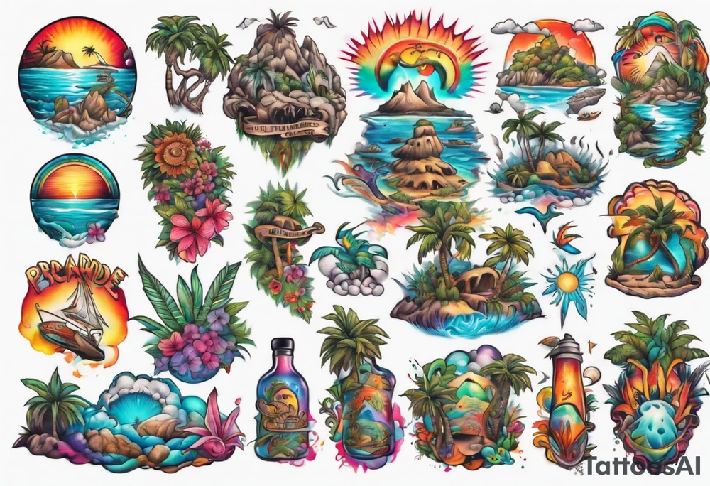 Psychedelic paradise island tattoo idea