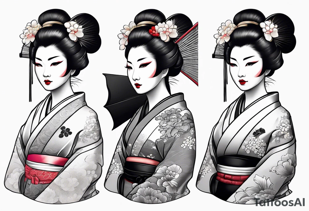 Geisha with a dress and a fan tattoo idea