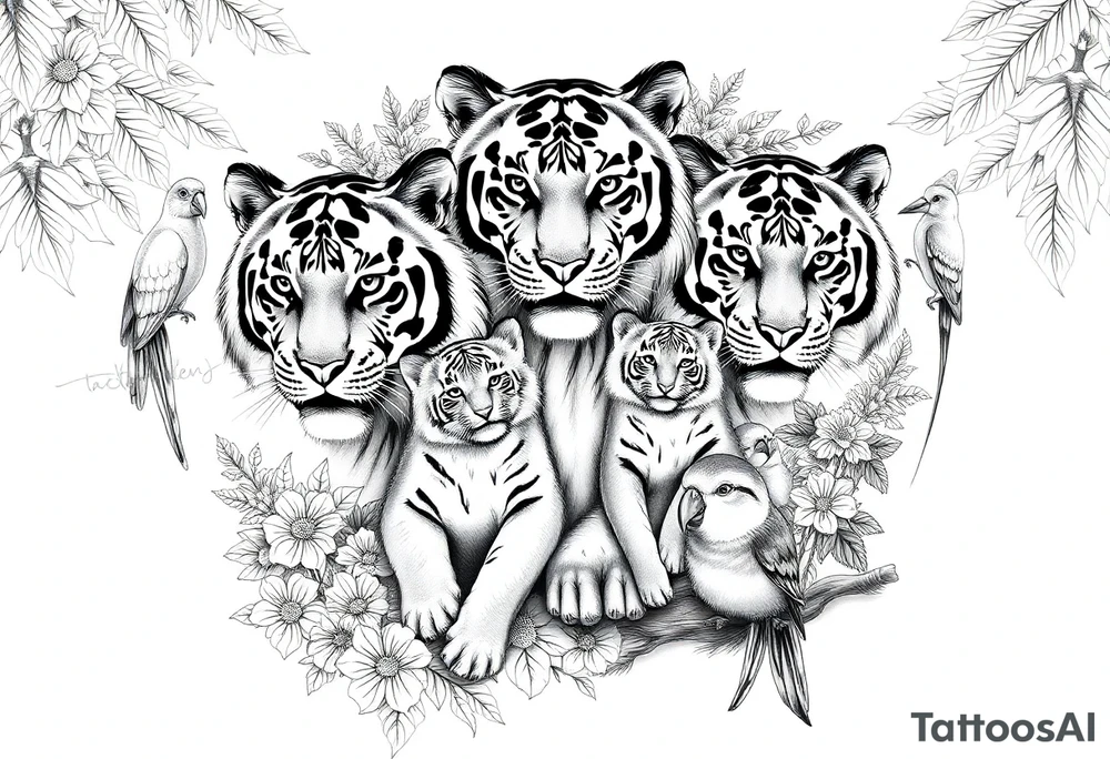 Beautiful, strong and fierce tiger parents with their 3 cubs in the jungle with flowers and macaws and birds with my children’s names “Jaiden, Jacob and Zaya” tattoo idea