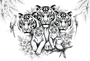 Beautiful, strong and fierce tiger parents with their 3 cubs in the jungle with flowers and macaws and birds with my children’s names “Jaiden, Jacob and Zaya” tattoo idea