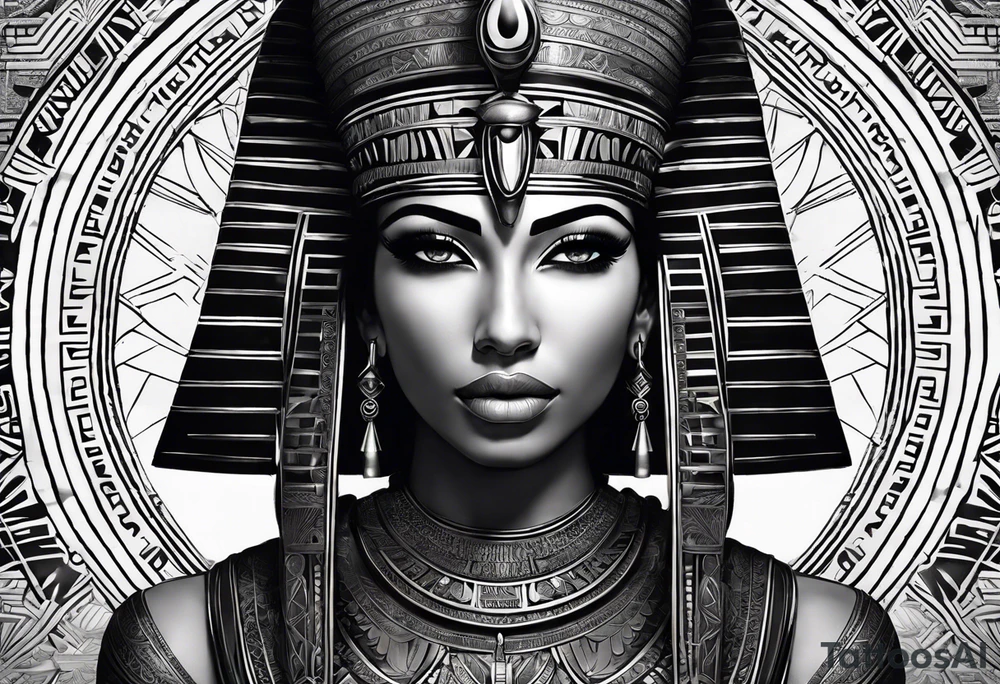 Egyptian figure girl. The figure should be full, featuring a regal headdress and detailed facial markings reminiscent of ancient Egyptian art. Include mystical and symbolic elements such as the Eye of Horus and ankh, blending subtly with geometric background patterns. 
Hyperrealism tattoo idea