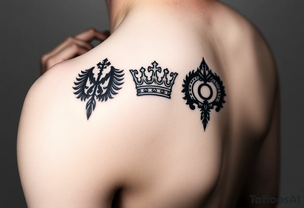 Chest tattoo, two laurier and icelandic symbols, dark brest tattoo, crown betwen laurier tattoo idea