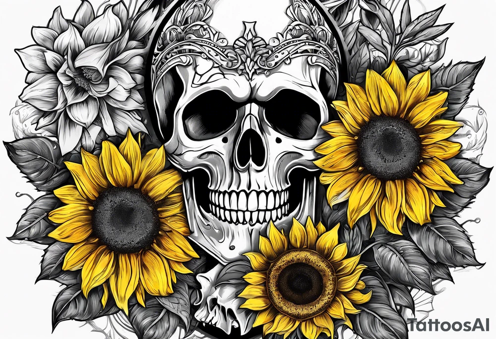 Skull, sunflowers, Saying never again tattoo idea