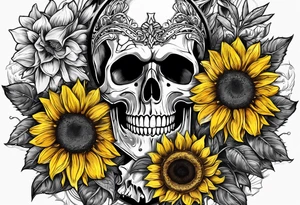 Skull, sunflowers, Saying never again tattoo idea