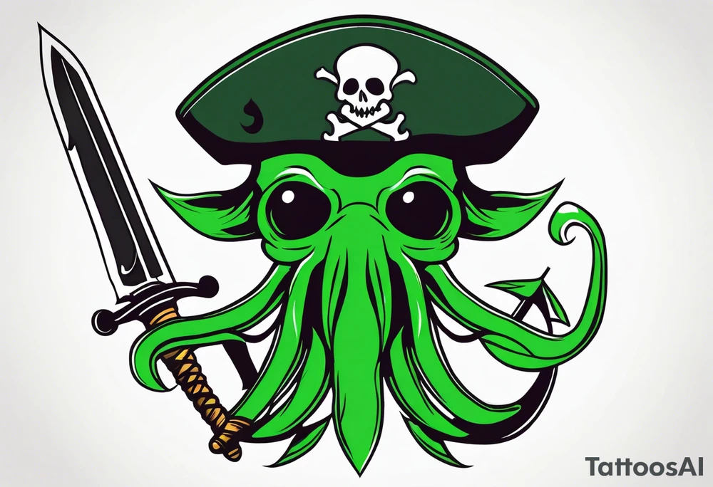 green pirate squid holding sword and anchor tattoo idea