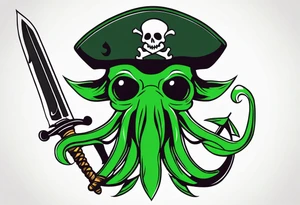 green pirate squid holding sword and anchor tattoo idea