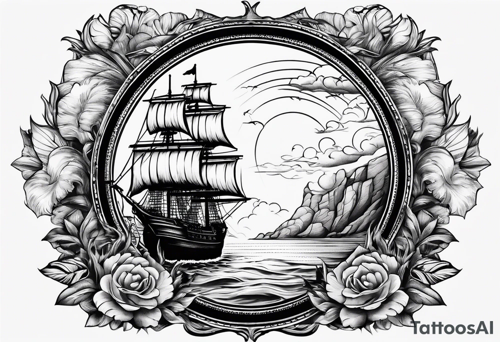 coastal scene with galleon tattoo idea