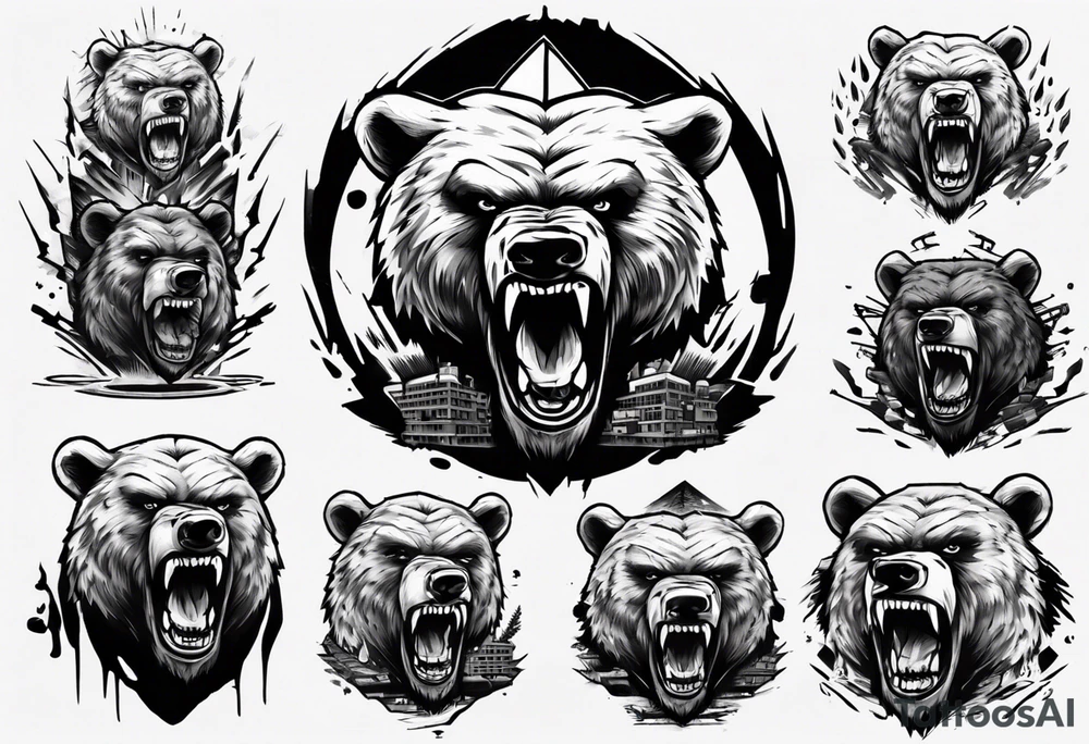 Angry bear coming up behind a city tattoo idea