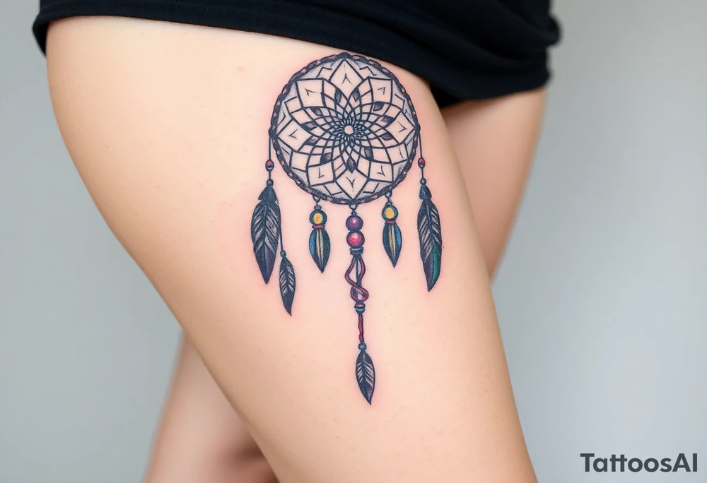 native dreamcatcher with flowing feathers and sacred beads tattoo idea