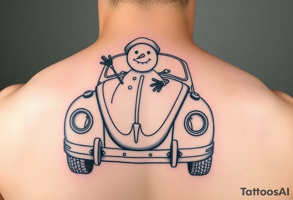 Snowman in a hot rod vw beetle tattoo idea
