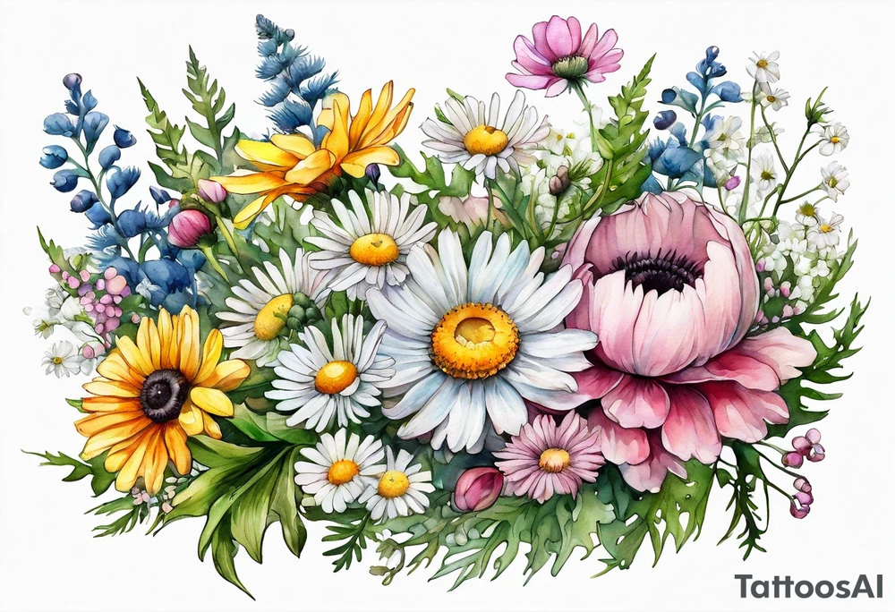 an oval of wildflowers cascading with thistles, ferns, white anemones, sun flowers, buttercups, pink flowers, babys breath and daisies all in watercolor tattoo idea