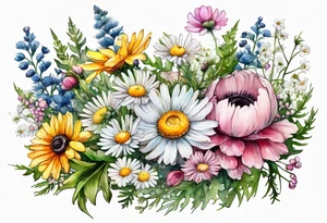 an oval of wildflowers cascading with thistles, ferns, white anemones, sun flowers, buttercups, pink flowers, babys breath and daisies all in watercolor tattoo idea