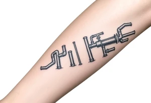 wide vertical System of thin pipes that transitions and transforms outwards of sides and end into thick, widespread 
veins of forearm tattoo idea