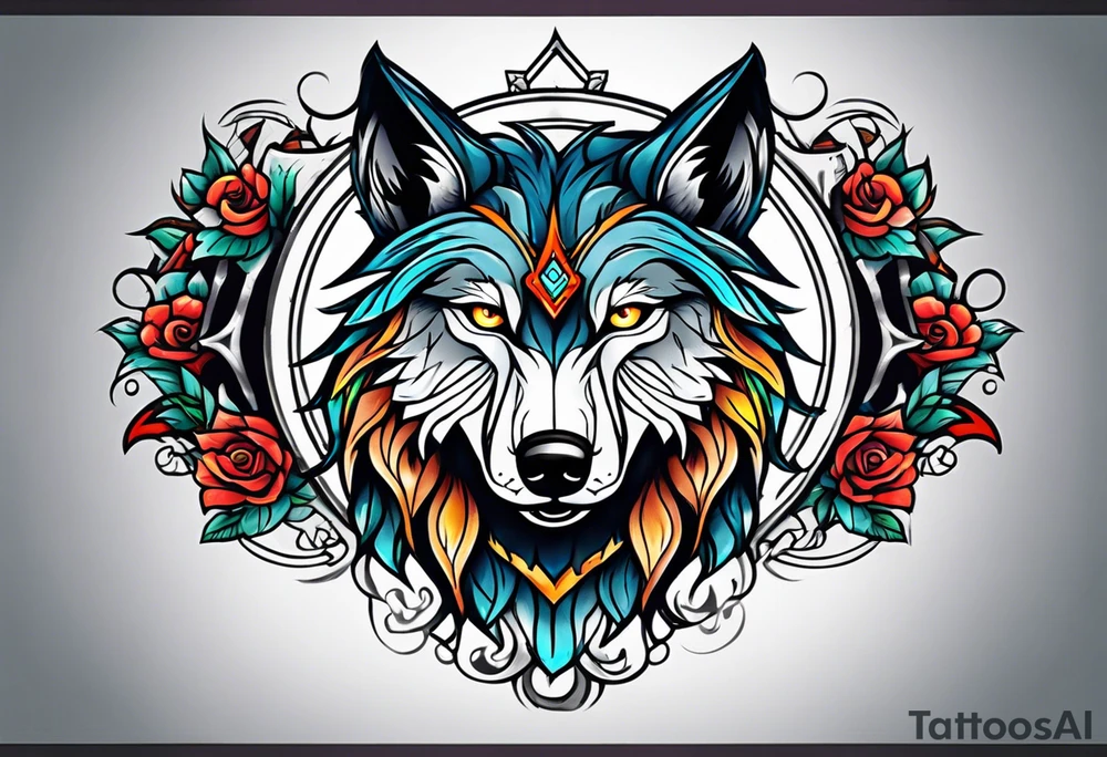 Neotraditional wolf tattoo idea