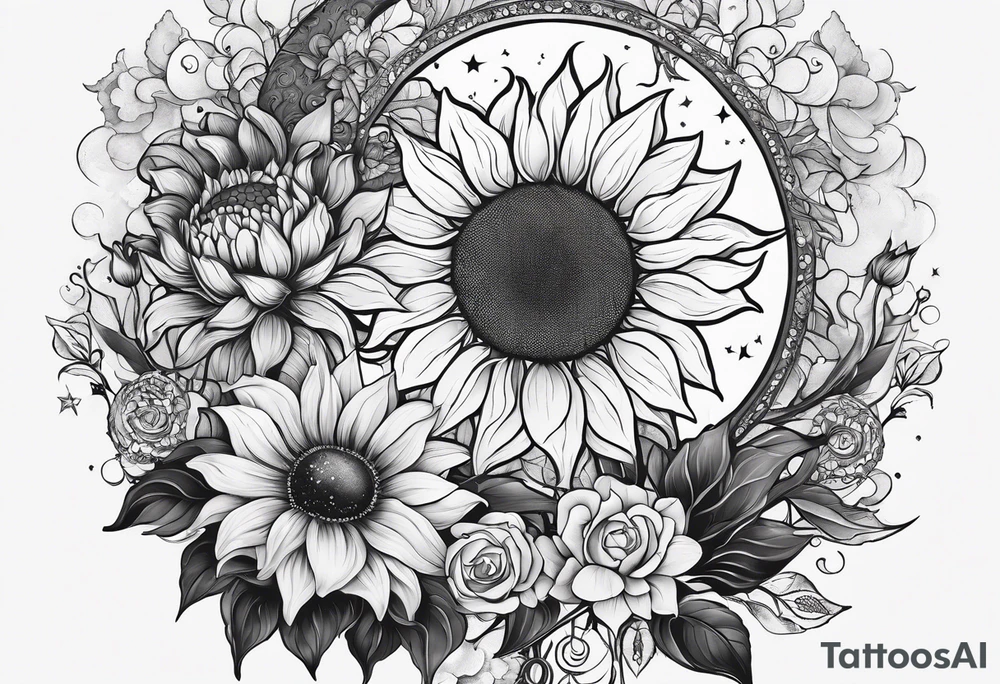 Cancer, moon, sunflower, flowers, fairy, goddess, love, kind, fierce, sun, caring, tattoo idea
